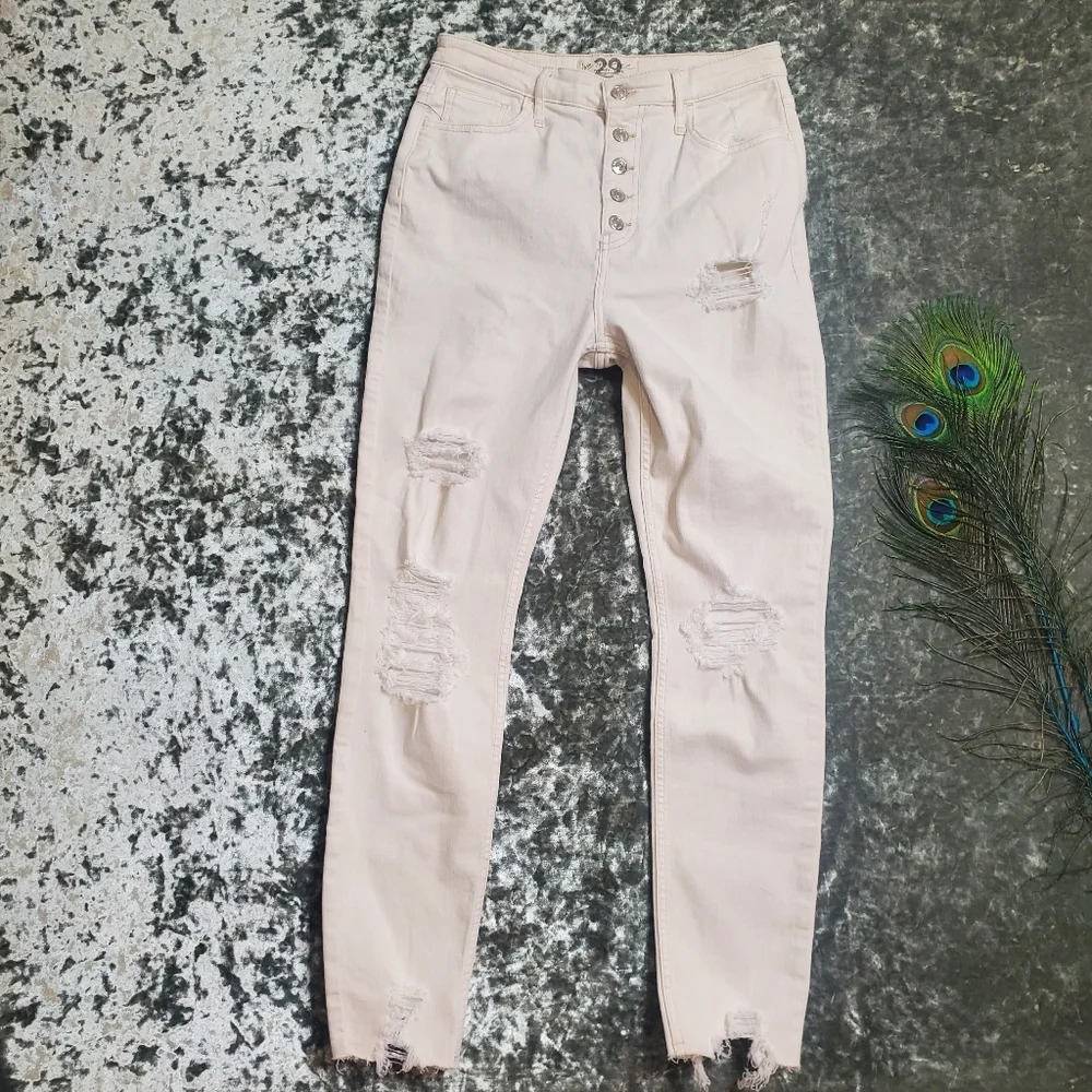 We The Free Cream Distressed High Rise Jeans